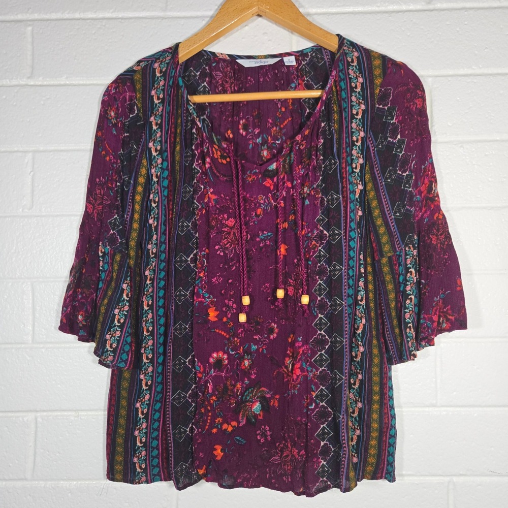 Great Northwest Indigo Blouse Medium Multicolor Floral Boho Bell Sleeve Top‎ Art